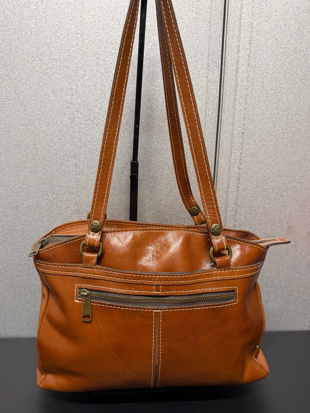 Patricia Nash Leather Shoulder Bag Brown Tooled Logo Tote